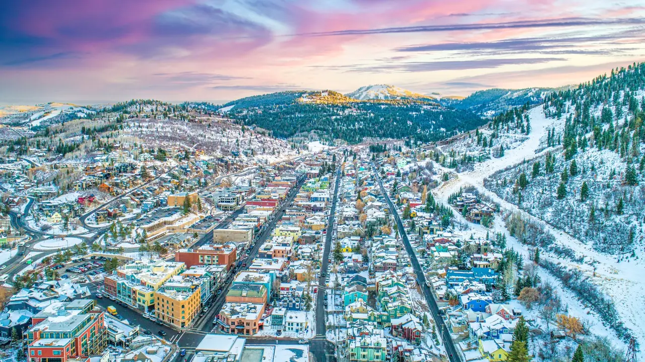 Park City, Utah aerial view of Main Street and snowy mountains